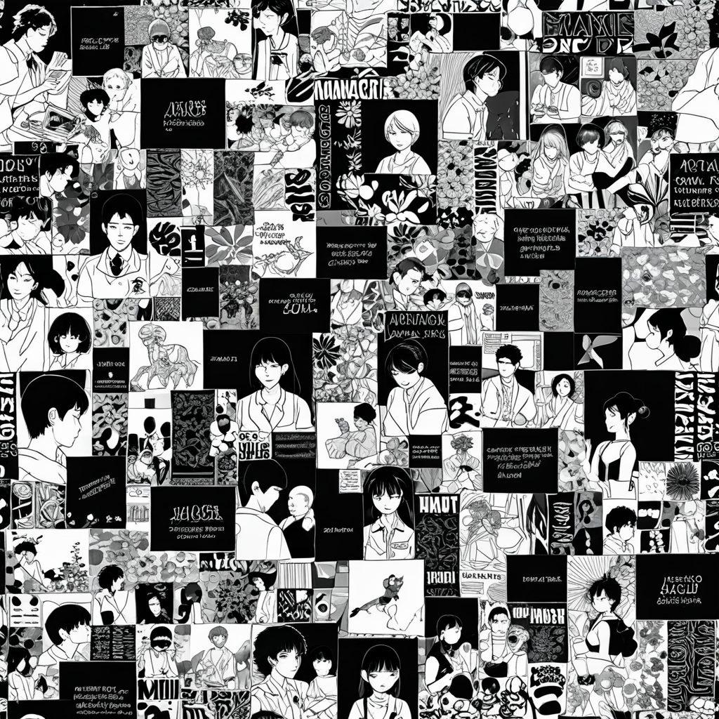 A dynamic collage illustrating the evolution of adult manga, showcasing iconic panels transforming into animated scenes. Contrast the traditional black-and-white artwork with vibrant, colorful adaptations on screen. Include elements like a vintage Manga magazine, a modern digital tablet displaying a streaming service, and scenes from both genres. Infuse a sense of growth and innovation through visual metaphors like a blooming flower. vibrant colors. super-realistic. cinematic