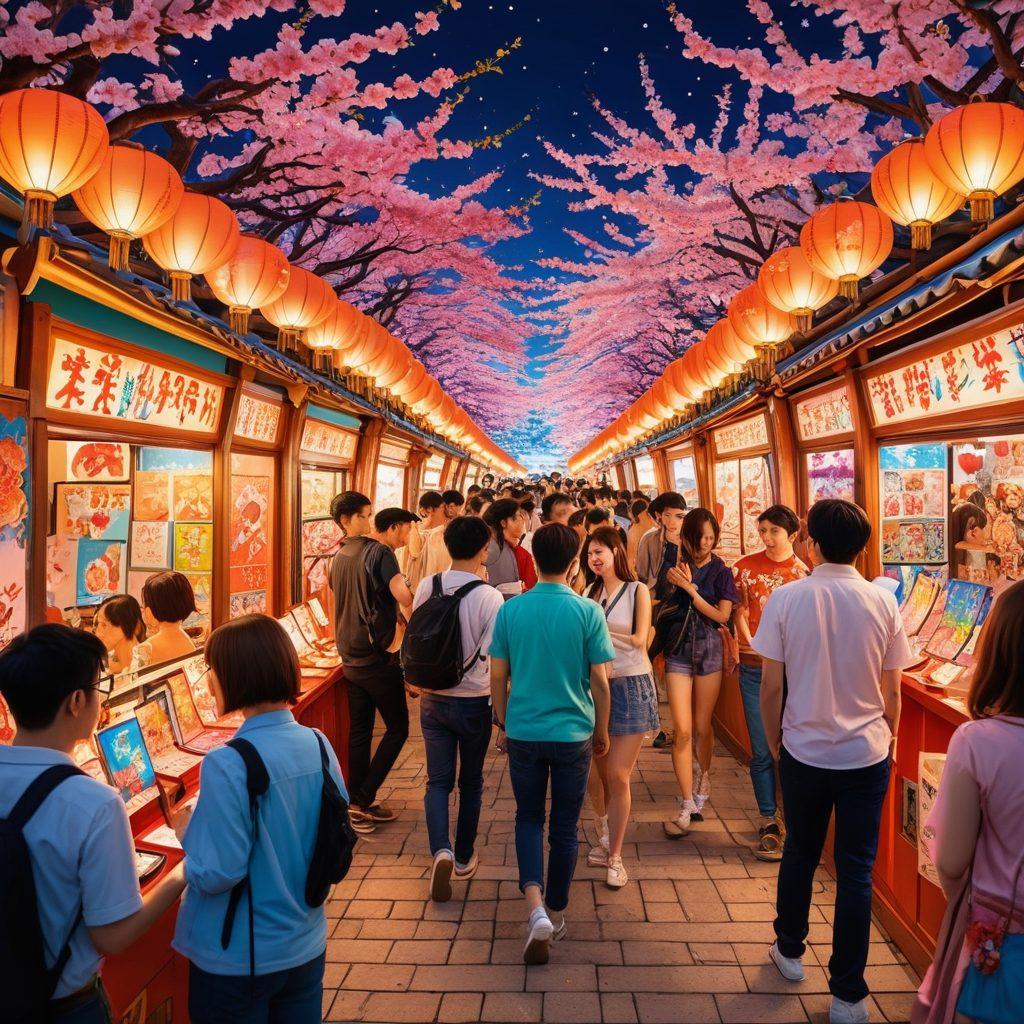 A lively scene depicting a diverse group of individuals joyfully celebrating their love for erotic anime and comics. Features colorful booths displaying vibrant artwork, with playful characters from various genres. Include traditional Japanese elements such as lanterns and cherry blossoms in the background, creating a festive atmosphere. The characters should express a range of emotions from joy to excitement, showcasing the inclusivity of the subculture. cartoon style. bright colors. energetic vibe.